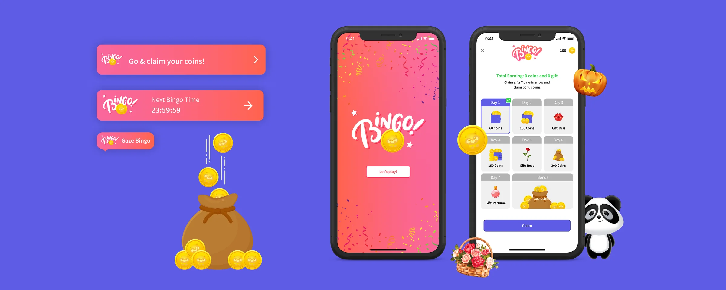 Bingo daily reward screens and in-app notifications